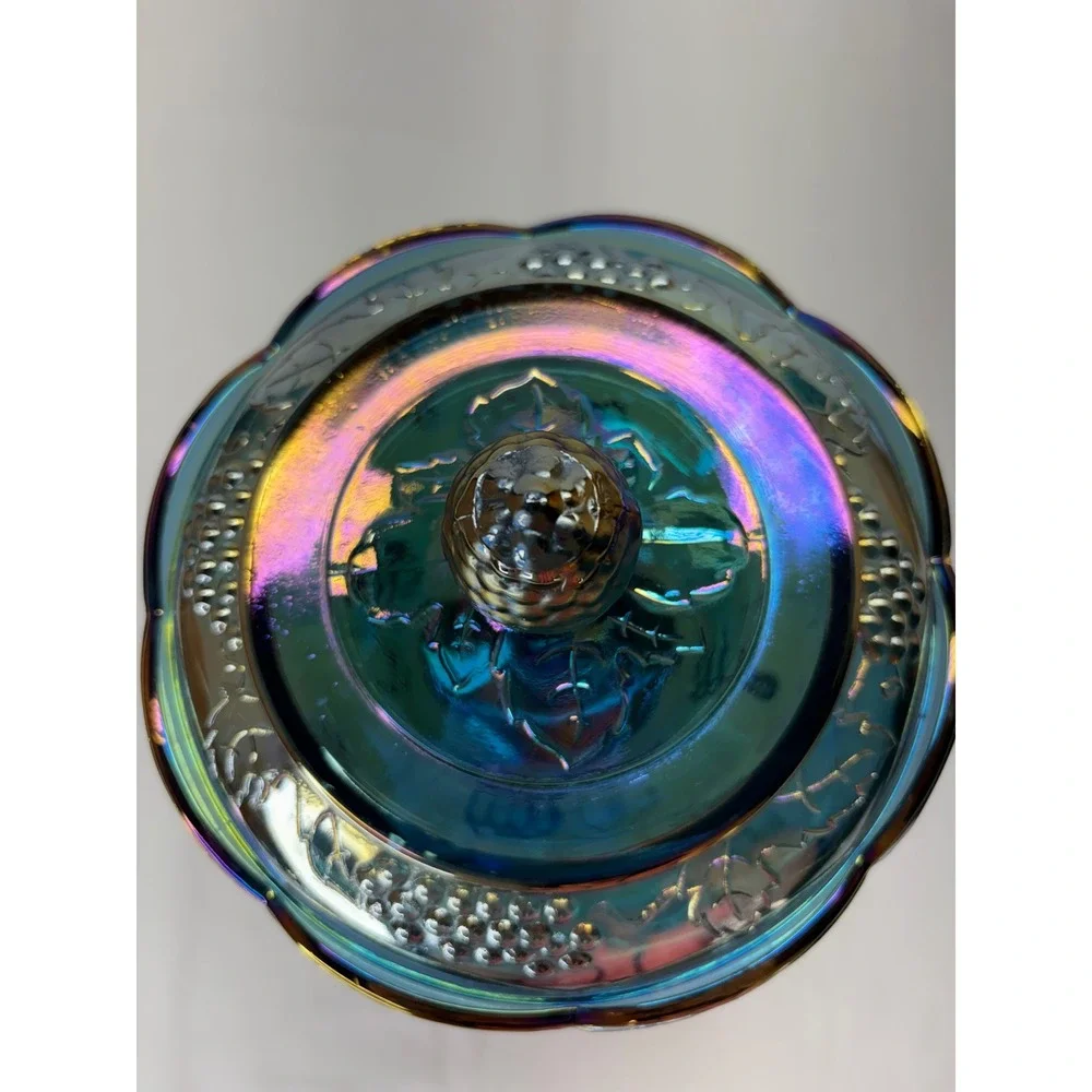 Vtg Carnival Glass HarvestGrape Compote Iridescent TealBlue Candy Dish Lid 9.75